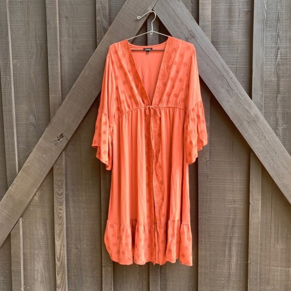 Torrid Size 2 Coral Embroidered Open Front Kimono Duster Drawstring Waist